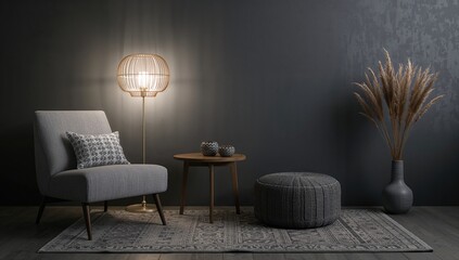 A cozy living area featuring an armchair with a cushion, illuminated by bright light, with a table, dried plants in a vase, an ottoman, and a carpet, reflecting contemporary Bohemian architecture
