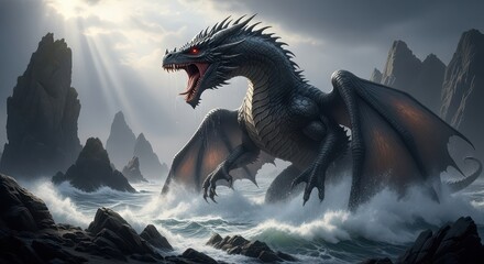 Mythical dragon emerging from stormy sea with waves crashing against rocky shore, dramatic lighting