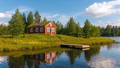 Obraz premium Small traditional red wooden cabin near a lake in Norway, summer setting, seasonal change