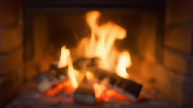 Soft flickering warm firelight glows gently with blurred cozy background. Calm holiday warmth and peaceful atmosphere create a seamless looping ambient scene