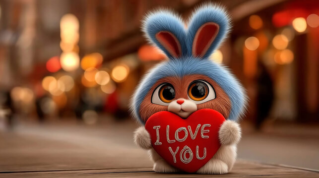 Cute 3D cartoon bunny holding "I love you" heart, animated movie style, adorable eyes, matte finish, studio lighting