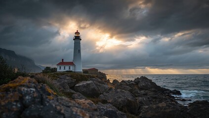 Portland Head Lighthouse overlooking a stormy ocean, emphasizing safety along the rugged coastline