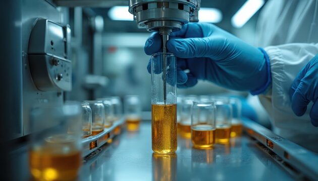 Scientist in blue gloves tests liquid in glass vial. Lab equipment works on samples in factory. Precision analysis ensures quality control of rare materials.