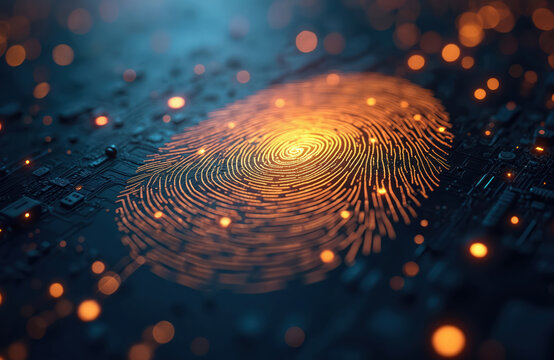 Glowing fingerprint pattern with circuit board details. Abstract cyber tech security concept. Digital identity access control with biometric authentication. Information tech background illustration