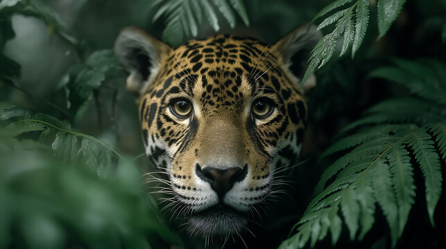 Close-up of a jaguar's head emerging from Peruvian jungle foliage, with golden fur and black rosettes