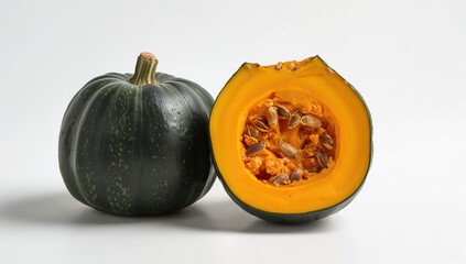 Piece of winter squash displaying a dark green rind and orange pulp with seeds, fiber-rich choice