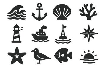 Ocean Icon Collection. Solid style icons of Ocean and sea elements: waves, anchor, seashell, coral, lighthouse, ship, buoy,
