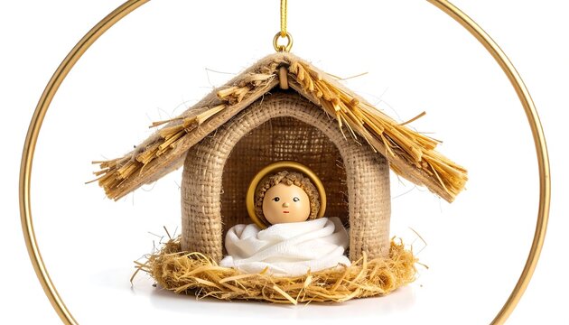 Nativity ornament with baby Jesus in burlap manger and golden halo on white background