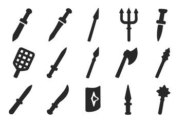 Roman Weapon Icons. Solid style icons of Roman weapons: gladius sword, dagger, spear, trident, net, javelin, pilum, battle axe,