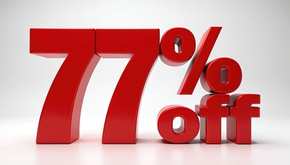 Vivid red seventy seven percent off text rendered in bold 3D letters stands on clean white backdrop. Striking graphic symbol represents large discount. Loudly advertises hot special deal, promoting