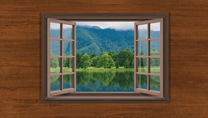 Fototapeta premium Nature landscape wallpaper viewed through a 3D window, showcasing seasonal change