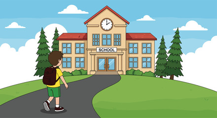 Cartoon school building with clock, child walking to school, educational illustration, morning scene, backpack student, learning environment, campus entrance view