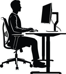 Silhouette of person working at computer desk in ergonomic office chair, focused on digital tasks in modern workspace setup
