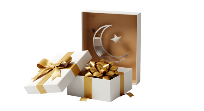 Elegant gift boxes with golden ribbon and chocolates isolated on transparent background