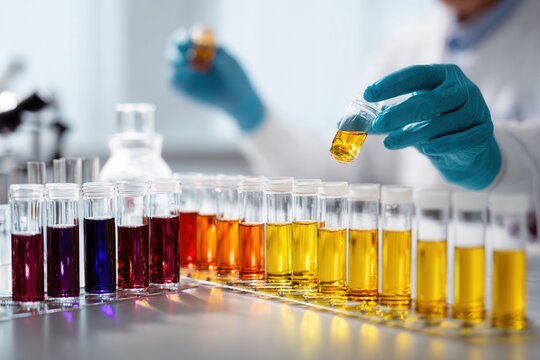 Scientists Conduct Various Laboratory Experiments Analyzing Colorful Liquid Samples in Test Tubes with Precision Instruments in a Modern Research Facility - Powered by Adobe