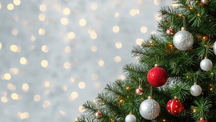 Fototapeta premium Christmas tree adorned with ornaments, seasonal decorations, festive ambiance