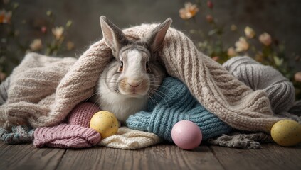 Rabbit nestled among soft woolen garments, cozy hiding spot, Easter preparation