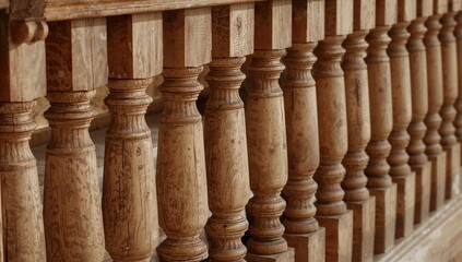Fototapeta premium Close-up of detailed wooden balusters in an aged setting, showcasing natural wood texture and grain, preservation
