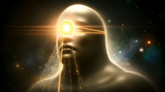 Mysterious figure with glowing third eye, light beam to stars, starfield background, awakening aura