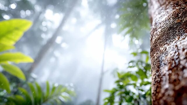 Lush Rainforest Canopy: Sunlight pierces through the mist of a thriving rainforest, illuminating the textures of ancient tree trunks and vibrant green foliage, creating a serene and captivating scene.