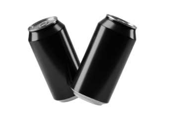 Two identical, floating, pristine obsidian black aluminum 12oz cans with reflective silver pull-tabs. Hyper-realistic studio shot on a transparent background with dramatic lighting. Concept for