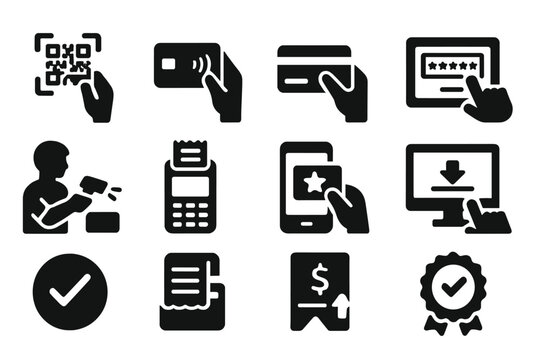 Redemption Icons Collection. Solid style icons of redemption steps: scan QR card, tap NFC card, swipe magnetic stripe, enter promo