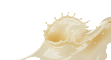 a hyperrealistic, glossy, viscous wave of melted white chocolate captured mid-splash with suspended micro-droplets against a brilliant white background with copy space. concept for confectionary