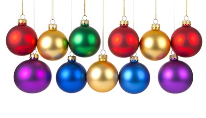 Fourteen colorful Christmas ornaments in two rows on white background