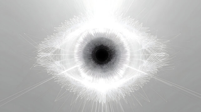 Abstract digital eye with luminous geometric lines on glass texture background