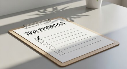 Obraz premium Clipboard on a desk with a checklist titled 2026 Priorities and the first box checked