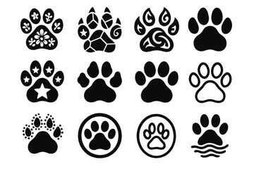 Decorative Paw Icons. Solid style icons of decorative paws: floral paw print, geometric paw print, tribal paw print, star paw