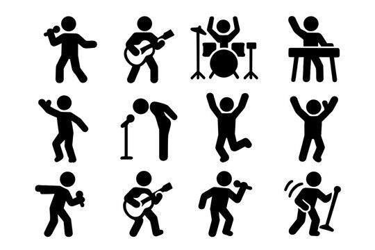 Collection of black and white icons of people playing music. The icons include a man playing the guitar, a man playing the drums, and a man singing. The icons are arranged in a grid