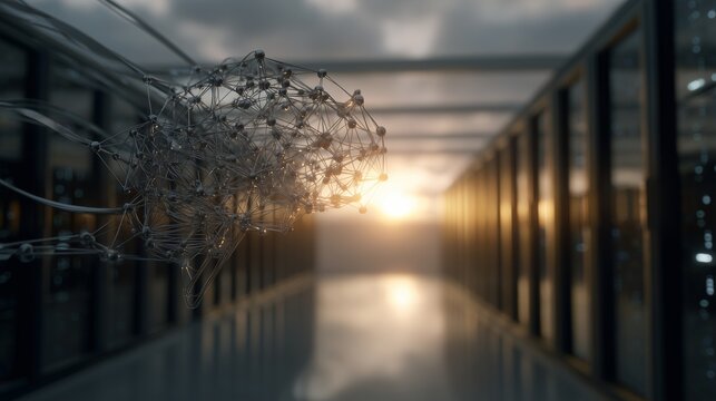 A conceptual representation of a brain illustrates a network of connections within a data center. This brain motif symbolizes the flow of information and technology linked to serve