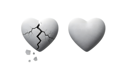 Two white heart shapes one broken and cracked the other whole isolated on transparent background