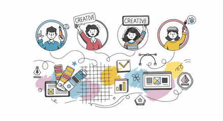 Expressive Hand Draw doodle art illustrating a team of diverse graphic designers collaborating on creative projects