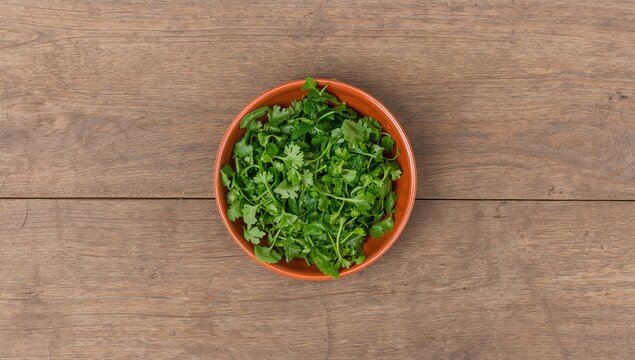 Wooden backdrop featuring a bowl of fresh rucola salad, ideal for editorial layout
