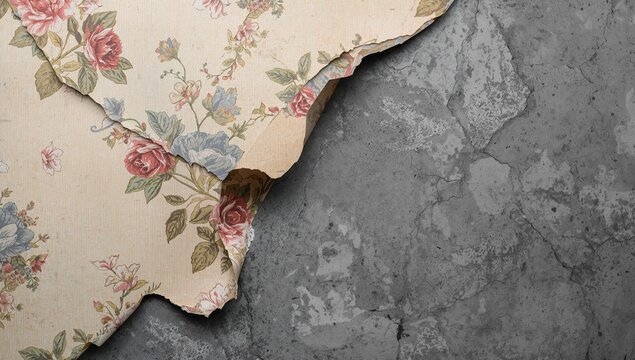 Peeling floral wallpaper reveals a textured concrete wall, showcasing urban decay