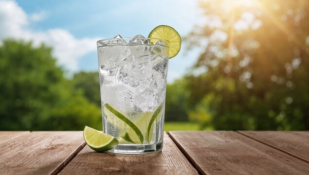 Chilled sparkling water with lime slices and ice cubes on a rustic wooden surface in a sunny setting