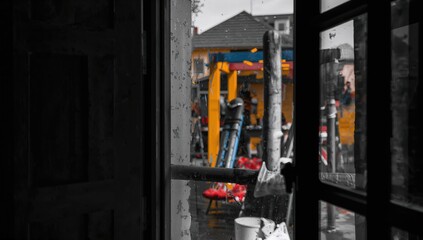 View from a black and white window backdrop, urban density