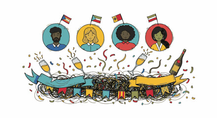 Vibrant hand draw illustration celebrating global diversity and friendship, depicting a festive community party with joyous social connection