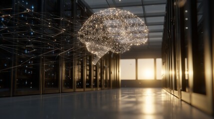 In a high-tech data center, a glowing brain made of lights hovers above rows of servers, illustrating the connection between technology and data processing. The brain’s intricate d