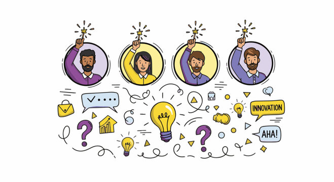 Hand Draw illustration depicting diverse business people sharing creative ideas and fostering innovation for successful teamwork - Powered by Adobe