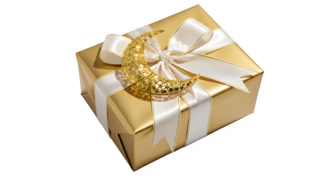Elegant gold gift box tied with white ribbon and golden ornament isolated on transparent background
