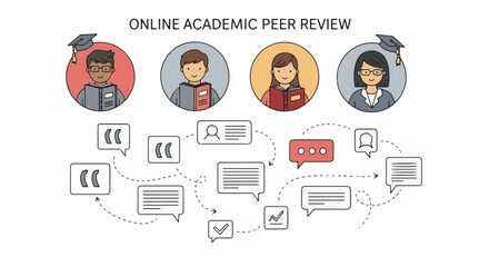 Hand Draw visualization of online academic peer review education, showing diverse students communicating and learning digitally
