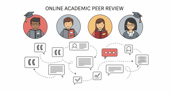 Hand Draw visualization of online academic peer review education, showing diverse students communicating and learning digitally