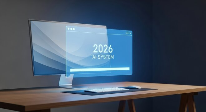 Computer monitor displaying a futuristic glowing interface for the 2026 AI System