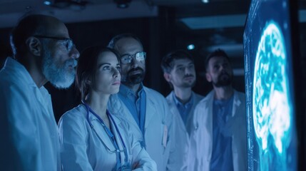Scientists observe a detailed three dimensional digital brain scan displaying neurological pathways and cognitive function in a cutting edge medical research laboratory