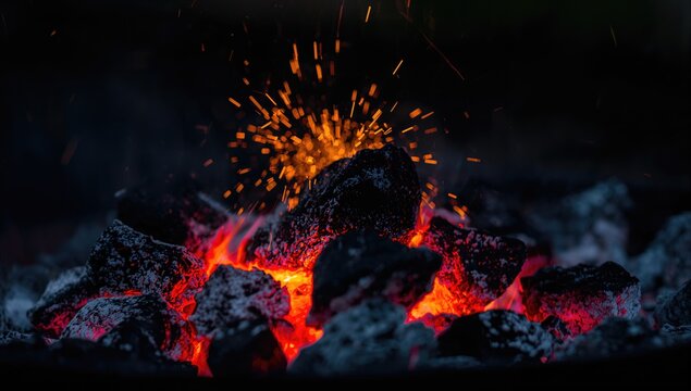Image of burning hot live coals in a barbecue, highlighting the intense heat and cooking potential - Powered by Adobe
