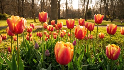 Vibrant multi-colored tulips flourish in a sunlit park, emphasizing the appeal of perennial flowers, seasonal change