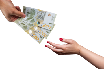 A womans hands receiving money from a males hand. Woman receiving money. Woman receiving payment isolated transparent